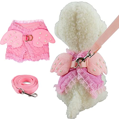 Pink Cute Adorable Pet Cat Dog Harness And Leash Set With Lace Artificial Pearl Angel Wing (Large) #TOP21