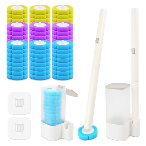 Oaioya Escobilla de Baño Desechable con 72 Pastillas de Detergente, 2 Bases, 2 Mangos Largos, 2 Ganchos de Pared, Cabezales de Esponja, Kit Completo de Limpieza para Baño Aseo Piscina