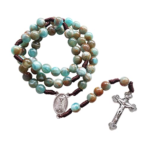 lulucross Blue 10mm Acrylic Beads Brown Rope Cording Catholic Rosary with Antique Silver Plated Saint Christopher Center and Crucifix Pendant (style 1)