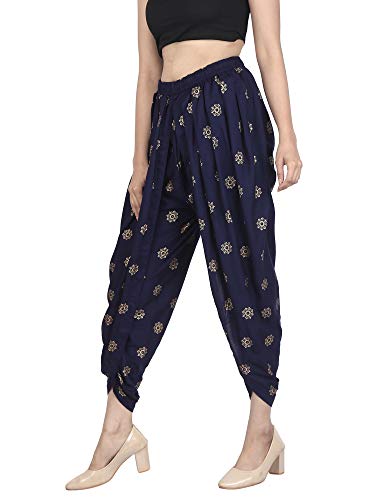 Navy Blue Color Rayon Dhoti Trouser, Dhoti Pant, Dhoti Salwar, Patiala Dhoti Pant with Golden Flowers - Size L