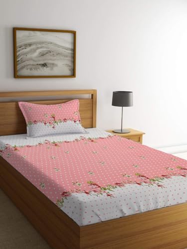 Image of LOOMLYFE 300 TC Cotton Feel Glace Elastic Fitted Printed Single Bed Bedsheet with 1 Pillow Cover Fits Upto 6 Inches Mattress,Size- 42X75X8 Inches, Pink Center Flower