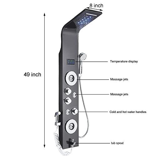 Sistema de columna de ducha de acero inoxidable, cabezal de ducha con LED de tipo lluvia y cascada, grifería de 5 funciones con jets negro miniatura 3