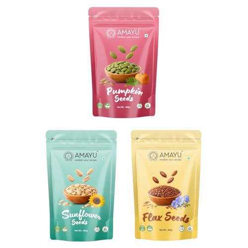 Image of AMAYU Healthy Seeds Combo Pack | Nutrient-Rich Superfoods for Daily Wellness | High in Fiber, Protein & Omega-3 | Premium Natural Seeds for Everyday Nutrition | 200g Each (Pumpkin, Flax & sunflower seeds)