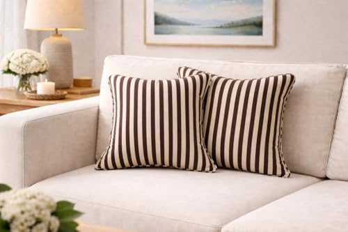 Image of 100% Cotton - Dark Brown Stripes Cushion Covers Set of 1 (16 x 16 inches) - Cushion Covers for Sofa & Living Room Decor