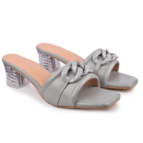 Image of Women's Slip On-On Heeled Sandals with Transparent Block Heels & Decorative Chain Strap Signora103| Fashionable Summer Slides Trendy Chain Strap Signora103