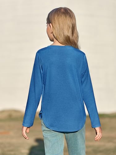 Image of Haloumoning Girls Long Sleeve T Shirts Kids Crewneck Tops 5-14 Years | Solid Color, Casual Loose Fit, Basic Tees, Curve Hem, Side Slit, Soft Tunic Tops, Fashion Clothes