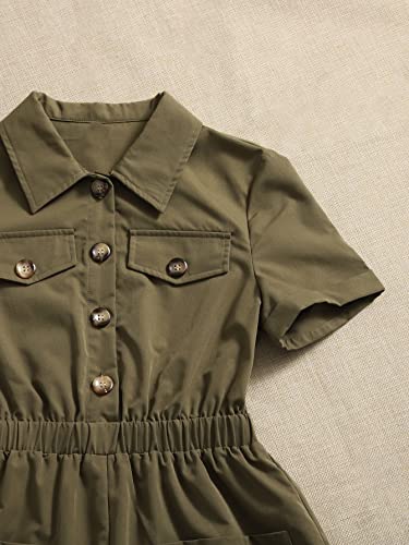 Oyoangle Girls' Button Front Short Sleeve Collared Romper Shorts Jumpsuit With Pocket Army Green 12-13Y #TOP2