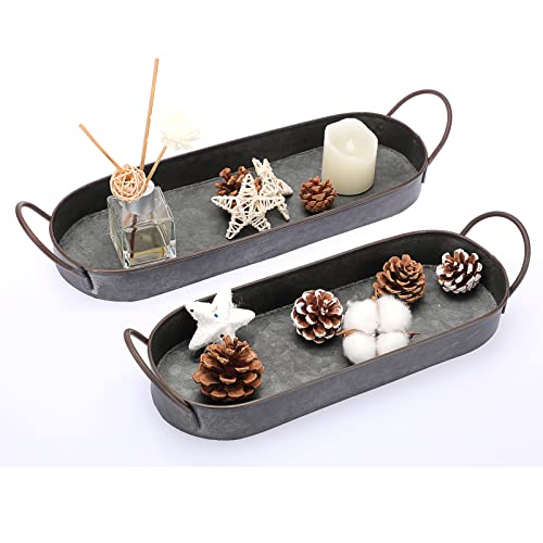 Hipiwe Set of 2 Galvanized Metal Iron Tray with Handles Oval Farmhouse Serving Tray Rustic Industrial Decorative Tray Centerpiece Tray for Coffee Table Weddings Home Decor