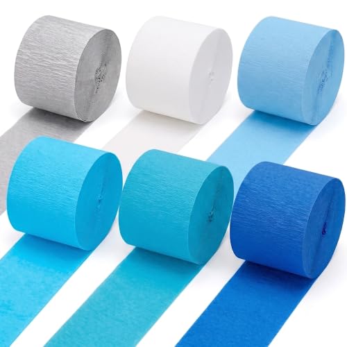 Image of Blue Silver White Crepe Paper Streamers, 6 Rolls, 738 Ft