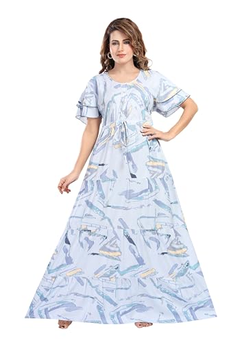 Image of NIGHT SHADES | Alpine Frock Style Designer Nighty |Women's Abstract Print Maxi Dress | Ruffle Sleeve |Cotton Blend| Women Nighty | Nighty for Women | Gown |