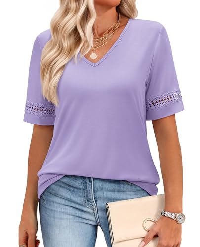 siliteelon Womens Tops V Neck Lace Short Sleeve T Shirts for Dressy Casual Summer 2026 Trendy Clothes Lavender Purple Large