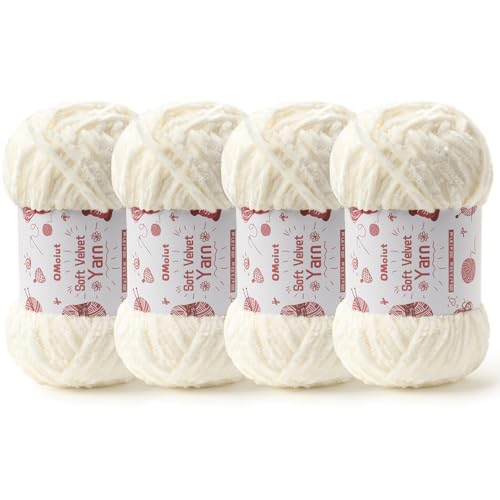 Image of 4x100g Fluffy Velvet Chenille Yarn for Crocheting and Knitting, 4x80m (87.5yd) Baby Yarn for Crocheting Soft, Crochet Chunky Yarns Amigurumi Yarns (4 White)