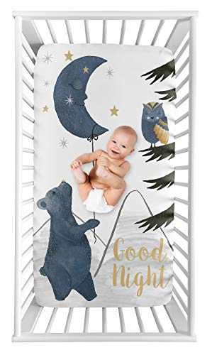 Image of Sweet Jojo Designs Woodland Bear and Owl Boy or Girl Fitted Crib Sheet Baby or Toddler Bed Nursery Photo Op - Navy Blue, Grey, Gold and Black Celestial Moon Star Watercolor Forest