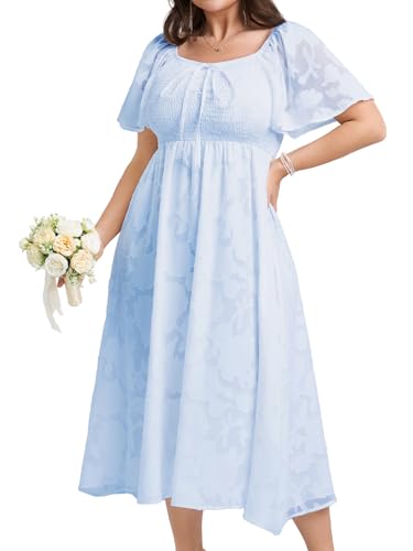 Image of SCOMCHIC Women's Plus Size Formal Dresses Square Neck Short Sleeve Lace Floral Smocked Flowy Long Maxi Wedding Guest Dress