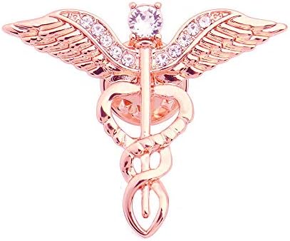 QIAN0813 Medical Symbol Caduceus Stethoscope RN Nursing Badge Brooches Lapel Pin for Registered Nurse Doctor Rod of Asclepius Emergency Brooch Jewelry (Angel Wing-Rose Gold)