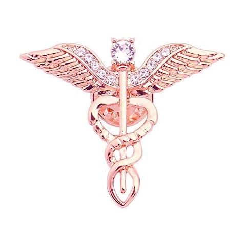 Medical Symbol Caduceus Stethoscope RN Nursing Badge Brooches Lapel Pin for Registered Nurse Doctor Rod Of Asclepius Emergency Brooch Jewelry (Angel Wing-Rose Gold) Cover