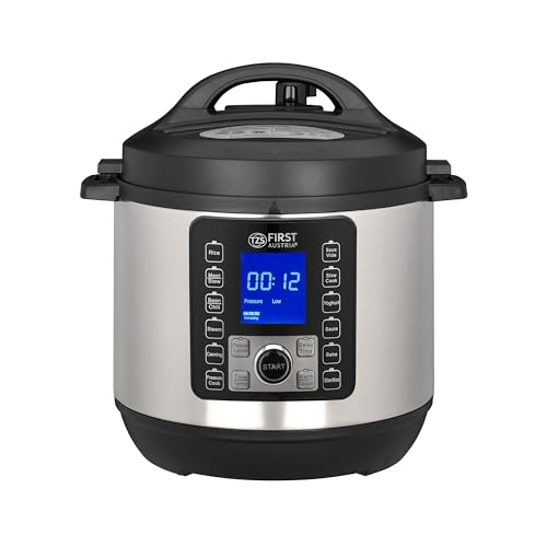 TZS First Austria - Elektro Schnellkochtopf 6L - 12 Auto-Programme - Multikocher 1000W Multicooker als Reiskocher, Dampfgarer, Crock Pot etc. - Elektrischer Multivarka Druckkochtopf inkl. Rezeptheft