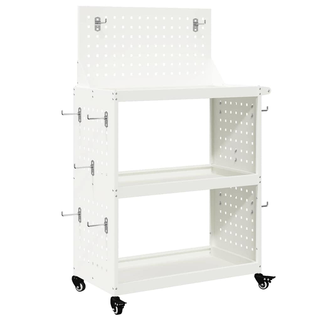 Carro de herramientas de acero laminado en frío, color blanco, 65 x 35 x 111 cm, con 3 estantes y 12 ganchos, carro de servicio móvil para taller y garaje