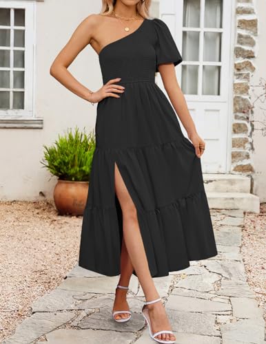 ZESICA Women's Boho Summer One Shoulder Short Sleeve Smocked Side Split Ruffle Swing Midi Dress2