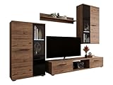 Mirjan24 Wohnwand Salsa, Design Mediawand, Modernes Wohnzimmer Set, Anbauwand, Hängeschrank, Vitrine, TV Lowboard, (Nuss Okapi, mit Blauer LED Beleuchtung)