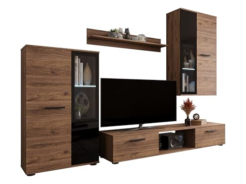 Mirjan24 Wohnwand Salsa, Design Mediawand, Modernes Wohnzimmer Set, Anbauwand, Hängeschrank, Vitrine, TV Lowboard, (Nuss Okapi, mit Blauer LED Beleuchtung)