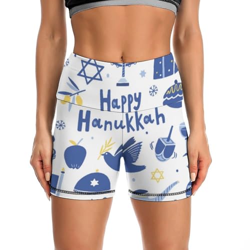 Happy Hanukkah Jewish Chanukah Holiday High Waist Yoga Shorts for Women Athletic Shorts Leggings Running Pants Black