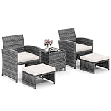 Tangkula 5 Pieces Patio Conversation Furniture Set, PE Wicker Outdoor Cushioned Chairs with 2 Ottomans, and Storage Coffee Table, for Porch, Garden and Balcony