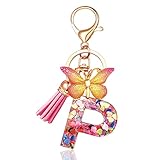 JINGUAZI Initial letter Keychains for Women Tassel Butterfly Pink Cute Car Keychain for Wallet Purses Backpack (Pink P)