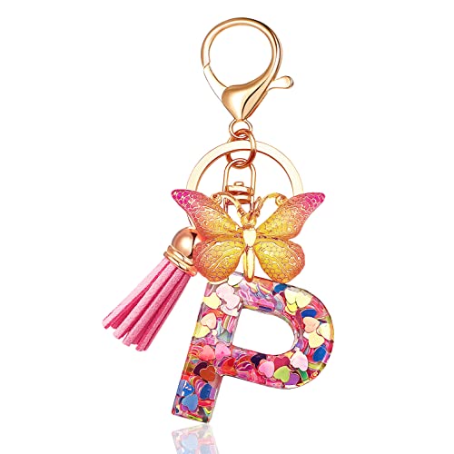 JINGUAZI Initial letter Keychains for Women Tassel Butterfly Pink Cute Car Keychain for Wallet Purses Backpack (Pink P)
