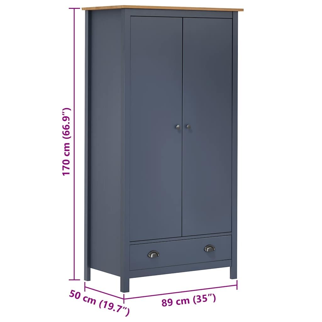 Armadio a 2 ante Hill grigio, 89 x 50 x 170 cm, in legno di pino massiccio, per camera da letto, corridoio e spogliatoio, con cassetto, asta appendiabiti e vano portaoggetti, facile da