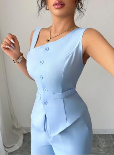 Mi Bo Tong Women Vest Pants Suits One Shoulder Irregular Vest Fit Urban Plain Summer Sets3