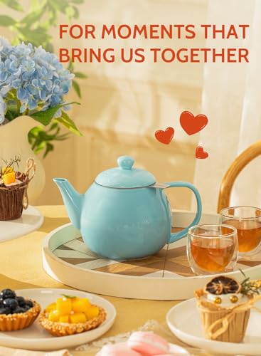 Image of Sweese Teapot, Porcelain Tea Pot with Stainless Steel Infuser, Blooming & Loose Leaf Teapot - 27ounce, Turquoise