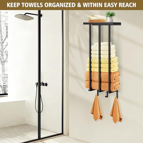 Kayfia Towel Storage, Towel Racks for Bathroom Wall Mounted with Metal Shelf & 3 Hooks, Upgrade 3 Bars Towel Holder for Rolled or Folded Towel, Large Capacity Tool Storage for Small Bathroom, Black - Thumbnail 2