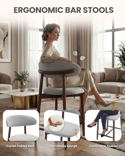 Image of Bar Stools Set of 1, 25.6″ Counter Height Bar Stools with Wood Legs, Upholstered Modern Kitchen Barstools for Kitchen Island Dining Room Bar, Light Grey