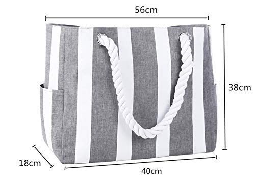 Bolso de playa grande gris con cremallera y rayas 6