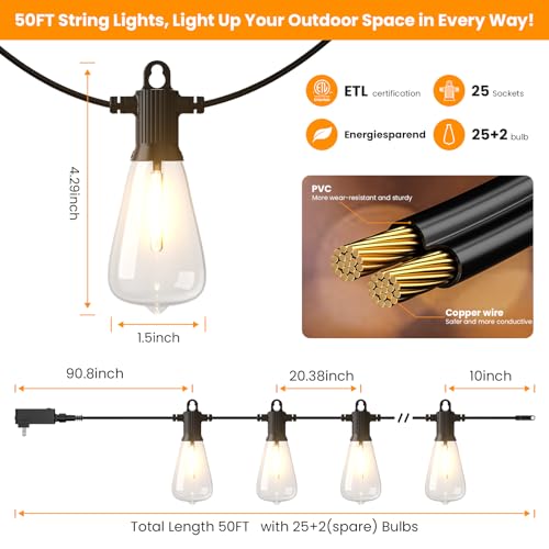 Kawaya ST38 50FT Outdoor String Lights, 2700k~6000k Dimmable Discolor Light by Kawaya - Used condition - Image 5