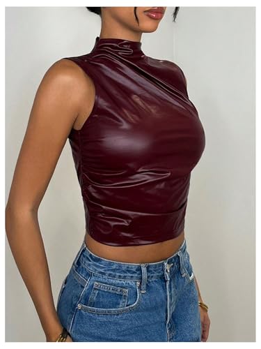Floerns Women's PU Faux Leather Sleeveless Tank Top Ruched Mock Neck Y2k Vest Shirts3