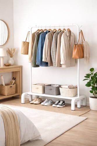 Image of Raawan Heavy Duty Double Rod Clothes Rack with Side Storage Shelves | Metal Garment Stand Organizer | Space Saving Cloth Hanger Stand for Bedroom, Living Room & PG (1 LAYER WHITE)