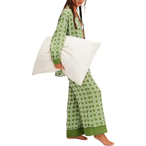 Image of Women Satin Pajama Set Floral Silk Pajamas 2 Piece Lounge Sets Button Down Shirts Wide Leg Pants Pjs Sleepwear