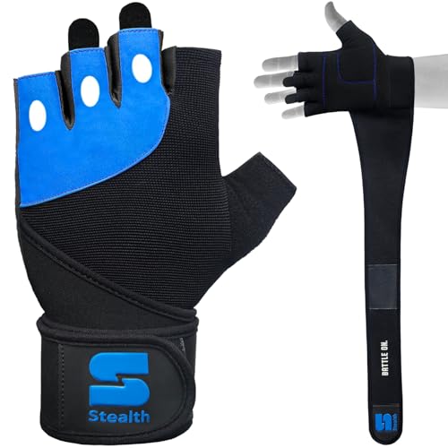 Stealth Sports Guantes Acolchados para Levantamiento de Pesas, protección de Palma, Ejercicio, Entrenamiento de Gimnasia, Entrenamiento, Fitness, Levantamiento de Pesas, Culturismo (Azul, Large)