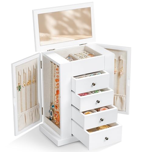 Emfogoo Joyeros Mujer Organizador, 5 Niveles Joyero Madera Grande de con 4 Cajones y Espejo, Puerta Lateral de Cristal, Organizador Joyas para Pendientes, Pulseras, Anillos y Collares (Blanco)