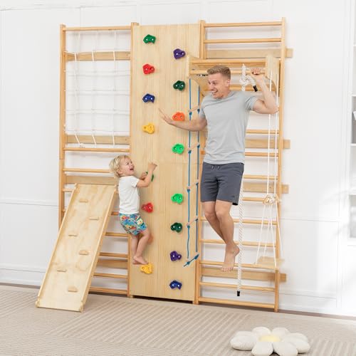 Image of 10-in-1 Swedish Ladder Indoor Jungle Gym for Kids Ages 3-12, 500 LBS Wooden Wall-Mounted Climbing Set with Slide, Swing, Rings, Monkey Bars - Montessori Play & Fitness Playground