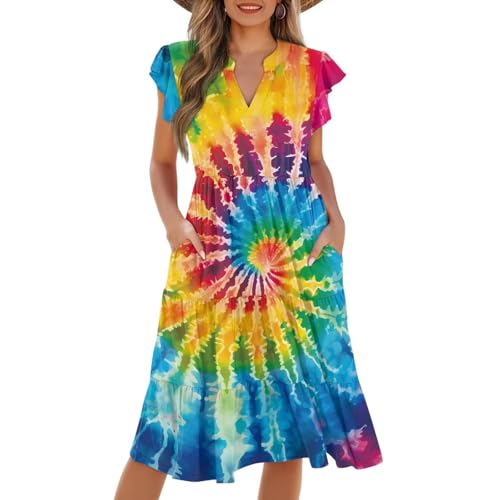 Image of Women's Casual Ruffle Sleeve Dress V Neck Pullover Dress Flowy A-Line Pleated Lightweight Dress with Pockets