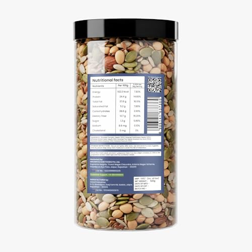 Image of Growfitz Premium Harvest 7-in-1 Seed Mix, 500 Gram | High Protein 24.4g & Fiber | Roasted Pumpkin, Sunflower, Watermelon, Flax, Soy Nuts, Peanuts & White Sesame | Export Quality Superfood