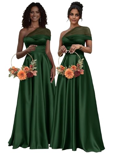 Satin One Shoulder Bridesmaid Dresses Tulle Prom Dresses for Women 2025 Pleated Long Formal Evening Party Gown