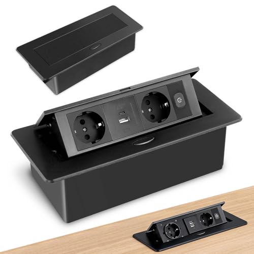 Aluminium Prise Encastrable Plan,Bloc Prise Escamotable pour Cuisines Bureaux Salle de Réunion,Multiprise Electrique USB C PD20W,2 Prises Encastrable Euro...