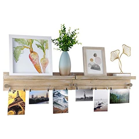 DUCIHBA Set of 2 Wall-Mounted Picture Ledge Shelves - Twine Cords with Metal Clips - Rustic Torched Wood - Farmhouse Gray - for Hanging Photos, Prints, Artwork in Nursery, Living, Bedroom Cover