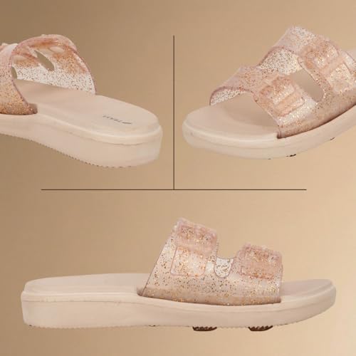 Image of TRASE Women's Glitter Slide Slippers| Double Strap Flat Slippers With Soft Cushioned Sole | Lightweight, Comfortable And Waterproof Slip-on Chappal | Stylish Daily And Casual Use Flip Flops