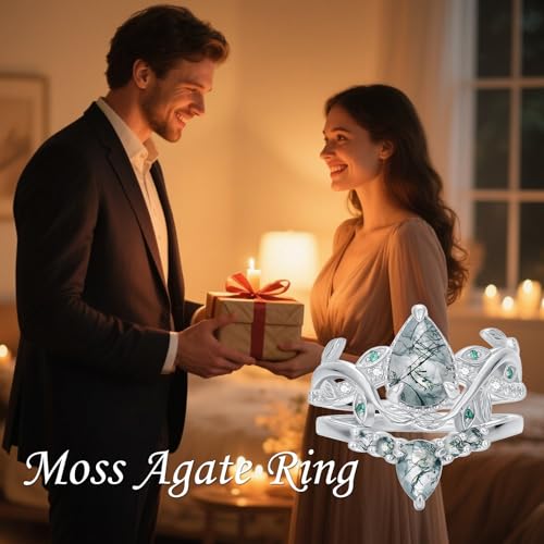 Natural Moss Agate Ring for Women 2CT Oval/Pear/Kite Cut 2 Pieces Engagement Ring Set 10K/14K/18K Solid Gold/Sterling Silve Personalized Wedding Leaf Vintage Bridal Promise Ring for Women 6