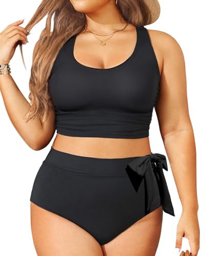 Plus Size Two Piece Swimsuits - Women High Waisted Bikini Scoop Neck Bathing Suit Swimwear